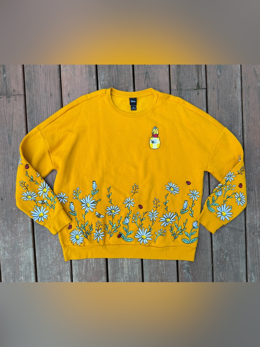 Disney Crewneck Women M Mustard Winnie the Pooh Wildflower Embroidered Sweatshir